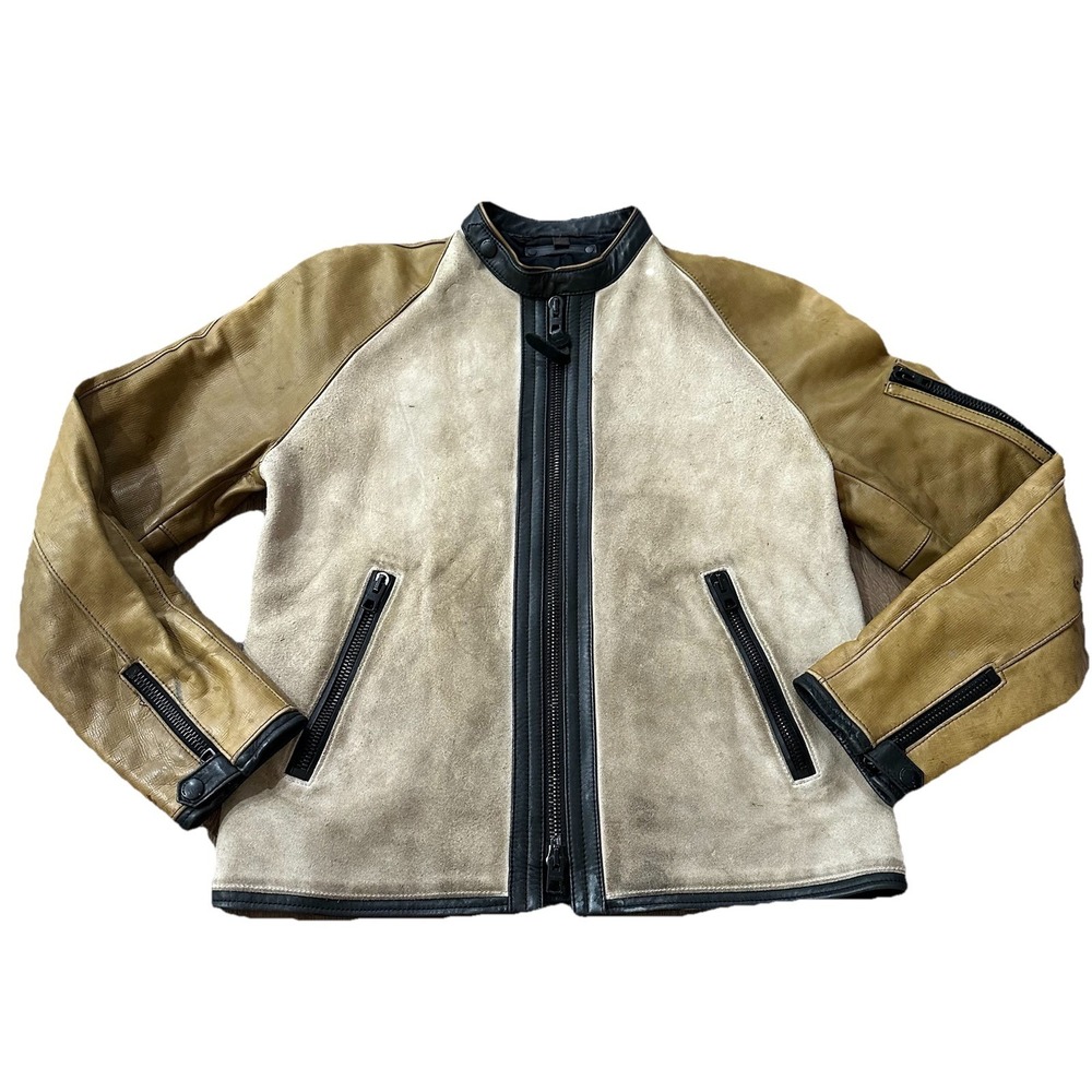 COACH Men's Deer & Cow Leather Jacket Size Large Beige, Tan & Black. Needs Love